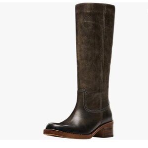 FOWT Women Platform Round Toe Calf High Boots Chunky Block Low Heel Boot Brown